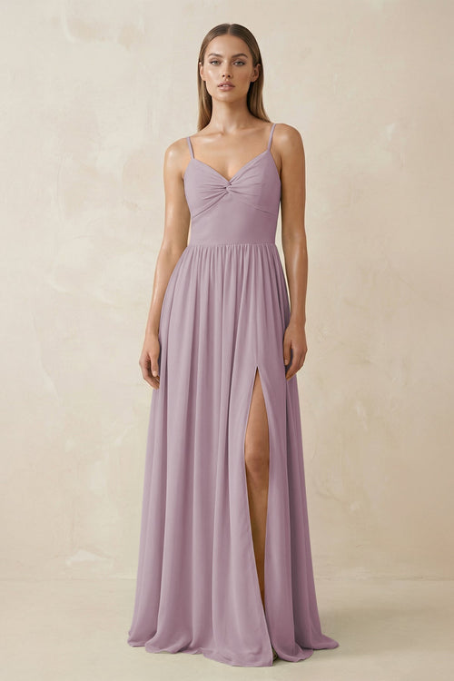 Spaghetti Strap Pleated A - Line Chiffon Bridesmaid Dress in Dusk - KissProm Bridesmaid Dresses
