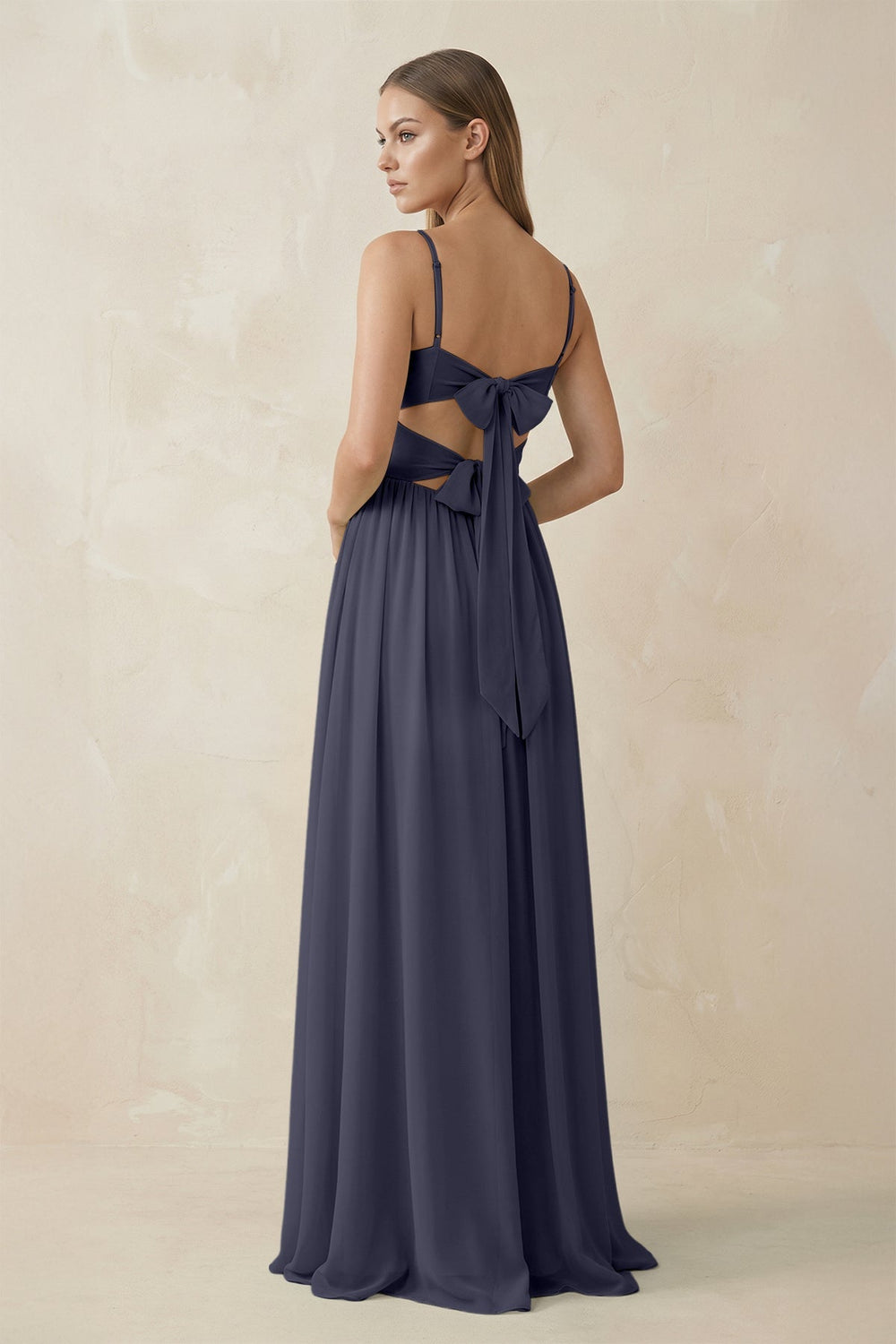 Spaghetti Strap Pleated A - Line Chiffon Bridesmaid Dress in Dusk Blue - KissProm Bridesmaid Dresses