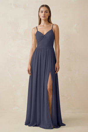 Spaghetti Strap Pleated A - Line Chiffon Bridesmaid Dress in Dusk Blue - KissProm Bridesmaid Dresses