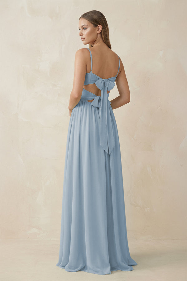 Spaghetti Strap Pleated A - Line Chiffon Bridesmaid Dress in Dusty Blue - KissProm Bridesmaid Dresses
