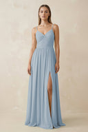 Spaghetti Strap Pleated A - Line Chiffon Bridesmaid Dress in Dusty Blue - KissProm Bridesmaid Dresses