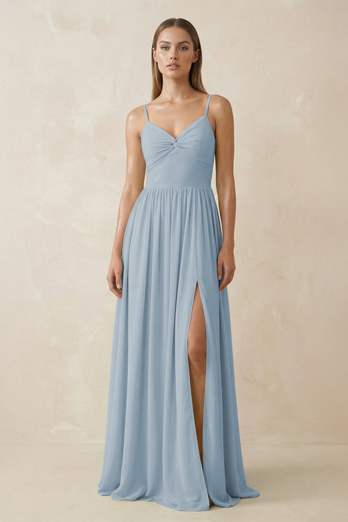 Spaghetti Strap Pleated A - Line Chiffon Bridesmaid Dress in Dusty Blue - KissProm Bridesmaid Dresses