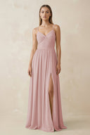 Spaghetti Strap Pleated A - Line Chiffon Bridesmaid Dress in Dusty Rose - KissProm Bridesmaid Dresses
