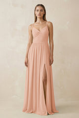 Spaghetti Strap Pleated A - Line Chiffon Bridesmaid Dress in English Rose - KissProm Bridesmaid Dresses