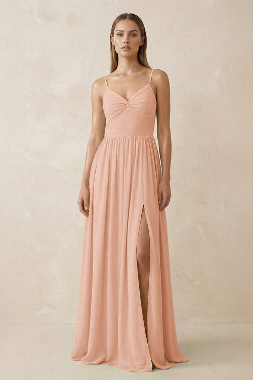 Spaghetti Strap Pleated A - Line Chiffon Bridesmaid Dress in English Rose - KissProm Bridesmaid Dresses