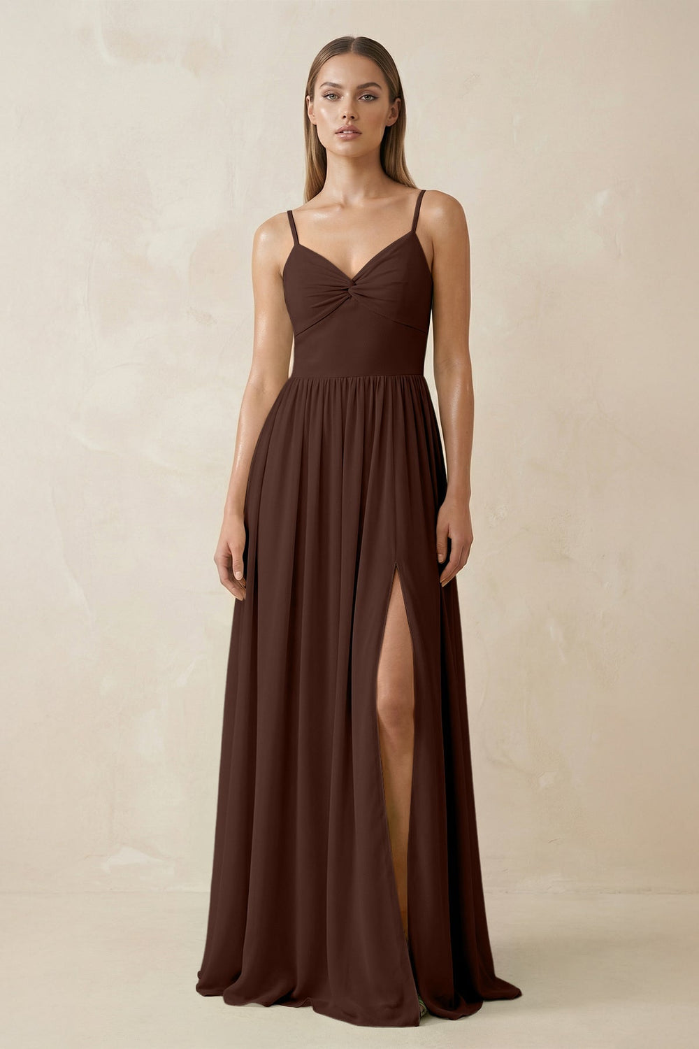 Spaghetti Strap Pleated A - Line Chiffon Bridesmaid Dress in Espresso - KissProm Bridesmaid Dresses