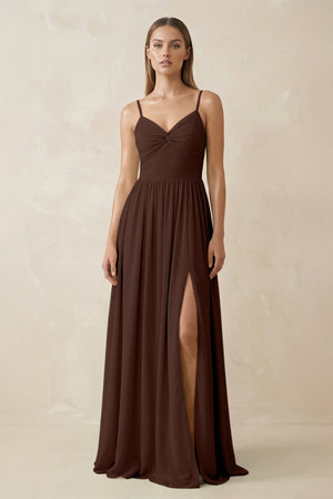 Spaghetti Strap Pleated A - Line Chiffon Bridesmaid Dress in Espresso - KissProm Bridesmaid Dresses