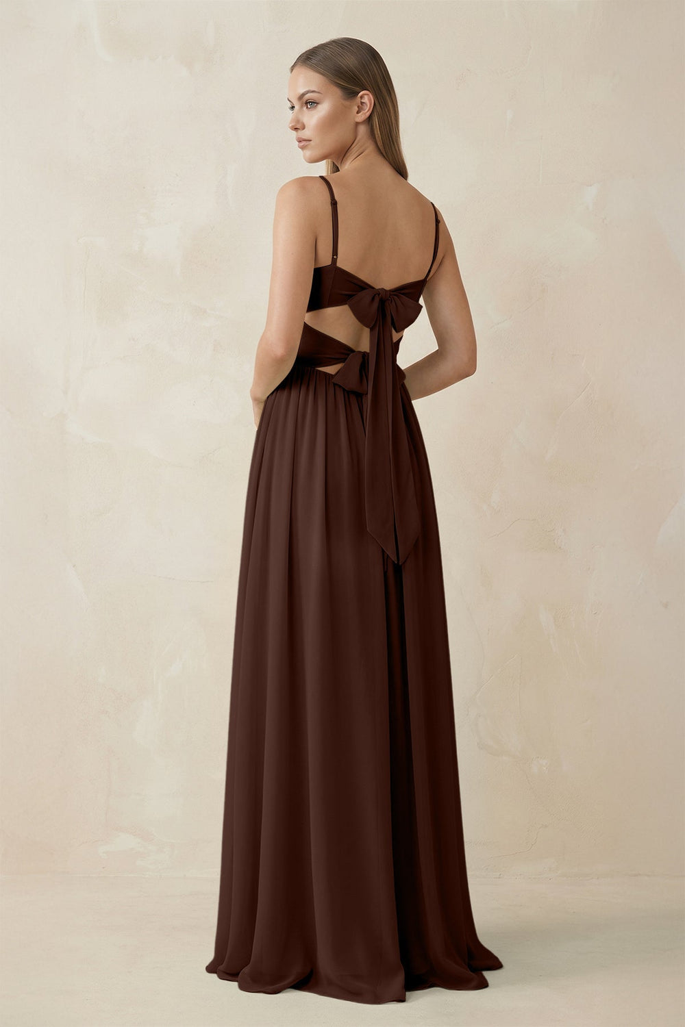 Spaghetti Strap Pleated A - Line Chiffon Bridesmaid Dress in Espresso - KissProm Bridesmaid Dresses