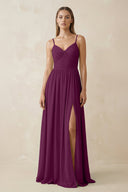Spaghetti Strap Pleated A - Line Chiffon Bridesmaid Dress in Fig - KissProm Bridesmaid Dresses