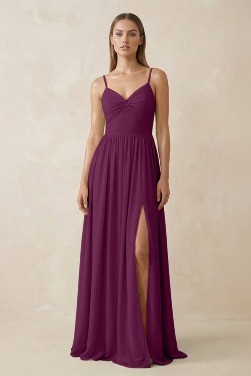 Spaghetti Strap Pleated A - Line Chiffon Bridesmaid Dress in Fig - KissProm Bridesmaid Dresses