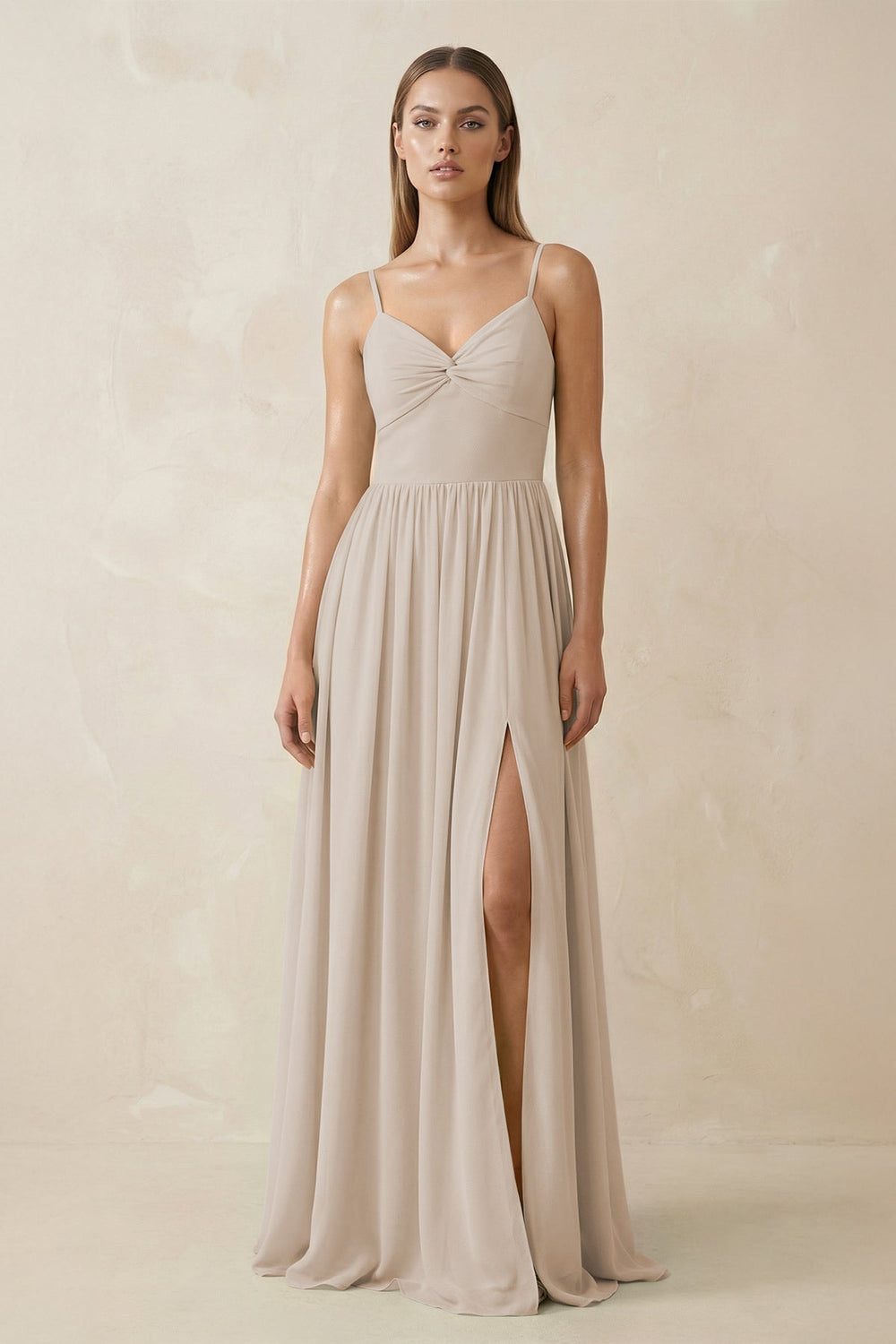 Spaghetti Strap Pleated A - Line Chiffon Bridesmaid Dress in Frost - KissProm Bridesmaid Dresses