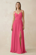Spaghetti Strap Pleated A - Line Chiffon Bridesmaid Dress in Fuchsia - KissProm Bridesmaid Dresses