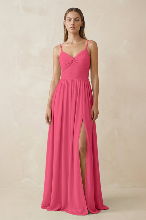 Spaghetti Strap Pleated A - Line Chiffon Bridesmaid Dress in Fuchsia - KissProm Bridesmaid Dresses