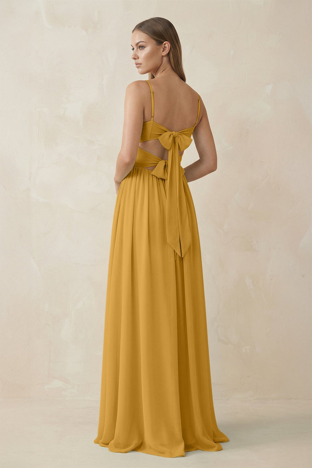 Spaghetti Strap Pleated A - Line Chiffon Bridesmaid Dress in Marigold - KissProm Bridesmaid Dresses