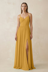 Spaghetti Strap Pleated A - Line Chiffon Bridesmaid Dress in Marigold - KissProm Bridesmaid Dresses
