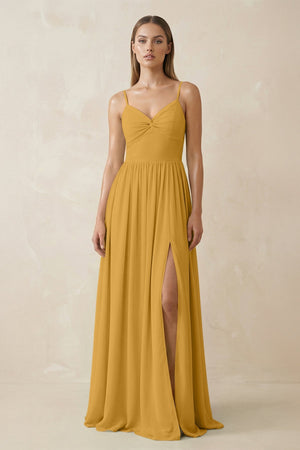 Spaghetti Strap Pleated A - Line Chiffon Bridesmaid Dress in Marigold - KissProm Bridesmaid Dresses
