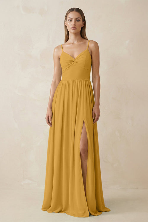 Spaghetti Strap Pleated A - Line Chiffon Bridesmaid Dress in Marigold - KissProm Bridesmaid Dresses