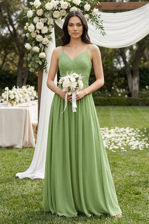 A-Line Pleated Spaghetti Strap Chiffon Bridesmaid Dress in Matcha - KissProm BRIDESMAID DRESSES
