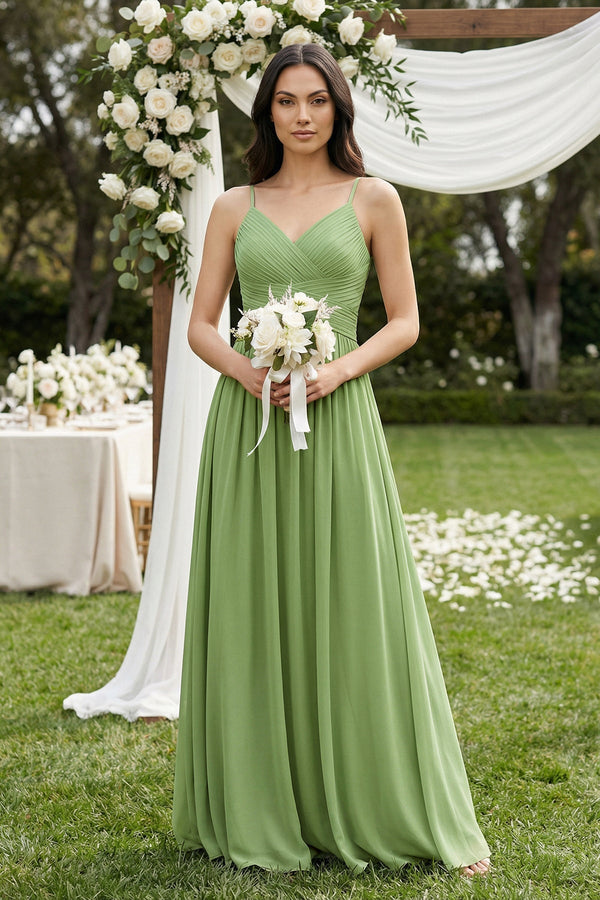 A-Line Pleated Spaghetti Strap Chiffon Bridesmaid Dress in Matcha, Matcha / 26 A-Line Pleated Spaghetti Strap Chiffon Bridesmaid Dress in Matcha, Matcha / 26