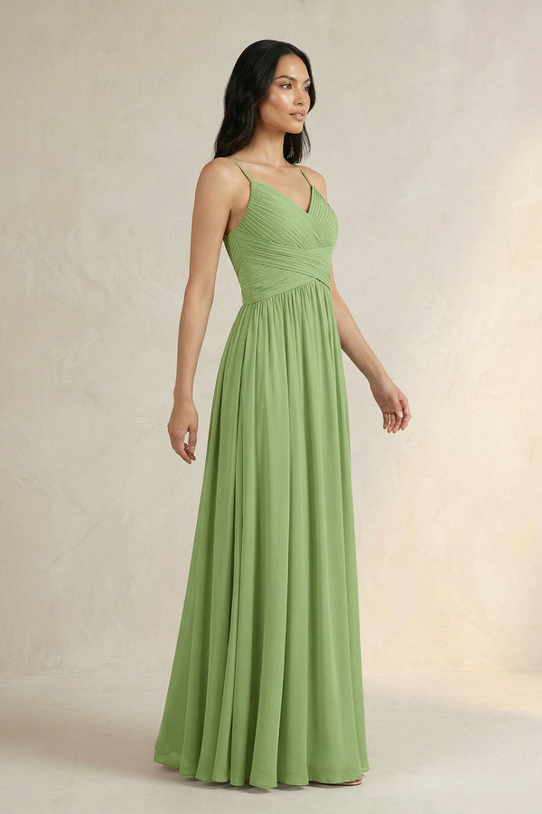 A-Line Pleated Spaghetti Strap Chiffon Bridesmaid Dress in Matcha - KissProm BRIDESMAID DRESSES