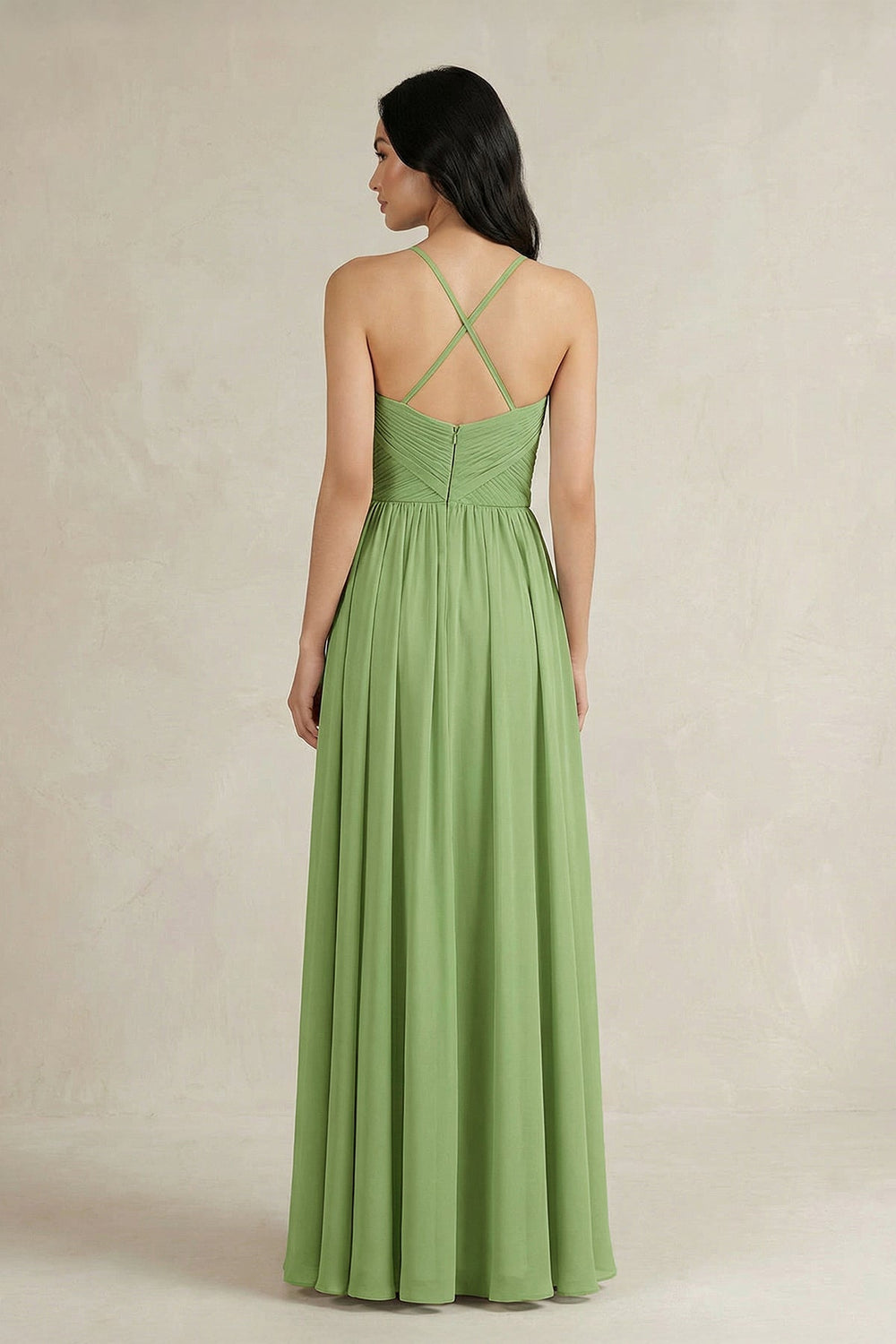 A-Line Pleated Spaghetti Strap Chiffon Bridesmaid Dress in Matcha - KissProm BRIDESMAID DRESSES