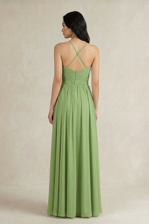 A-Line Pleated Spaghetti Strap Chiffon Bridesmaid Dress in Matcha - KissProm BRIDESMAID DRESSES