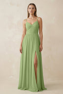 Spaghetti Strap Pleated A - Line Chiffon Bridesmaid Dress in Matcha - KissProm Bridesmaid Dresses