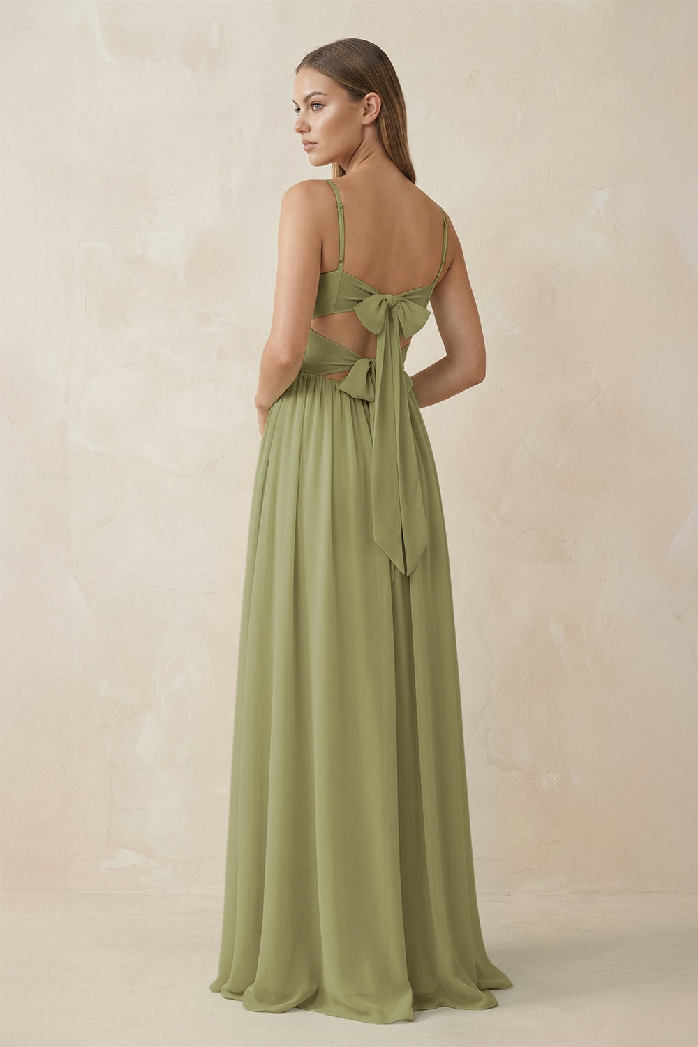 Spaghetti Strap Pleated A - Line Chiffon Bridesmaid Dress in Moss Green - KissProm Bridesmaid Dresses