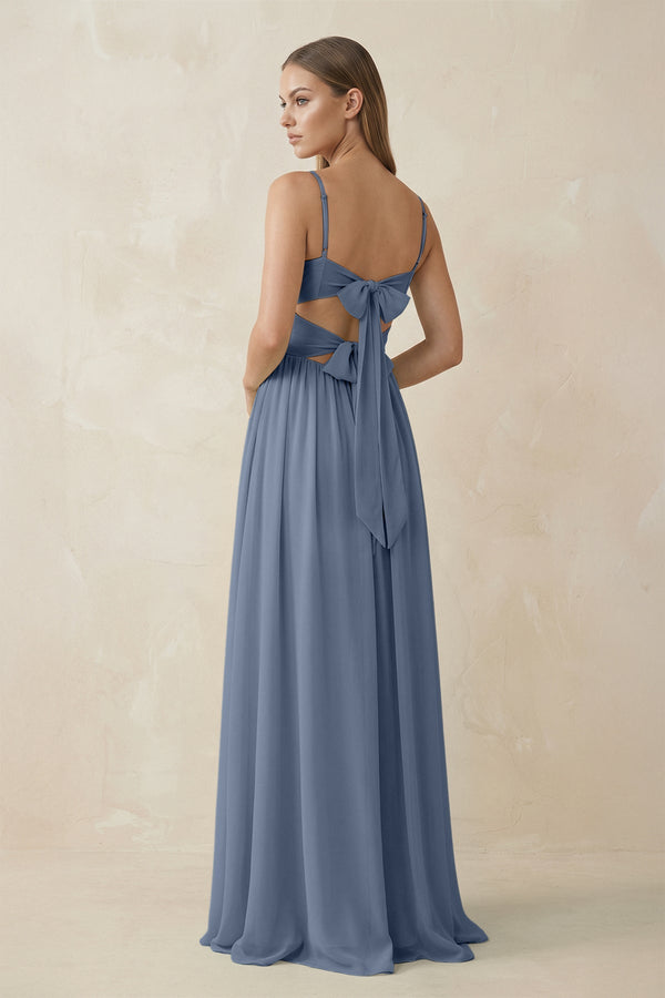 Spaghetti Strap Pleated A - Line Chiffon Bridesmaid Dress in Neptune - KissProm Bridesmaid Dresses