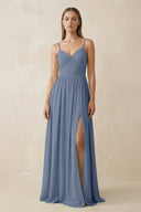 Spaghetti Strap Pleated A - Line Chiffon Bridesmaid Dress in Neptune - KissProm Bridesmaid Dresses
