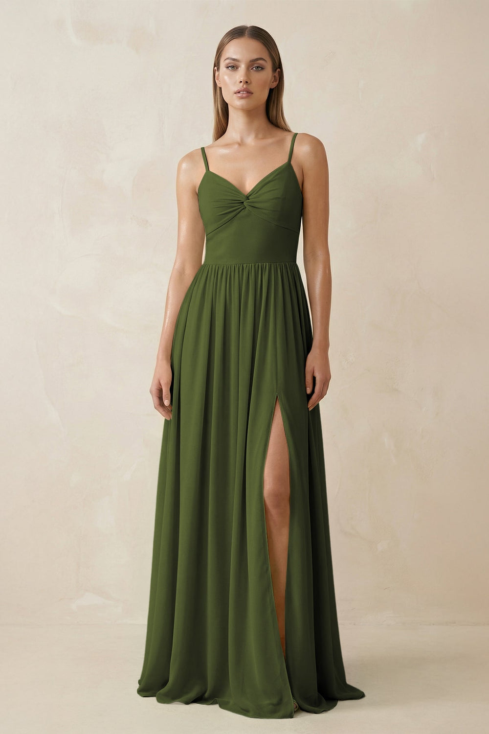 Spaghetti Strap Pleated A - Line Chiffon Bridesmaid Dress in Olive - KissProm Bridesmaid Dresses