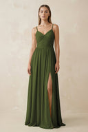 Spaghetti Strap Pleated A - Line Chiffon Bridesmaid Dress in Olive - KissProm Bridesmaid Dresses
