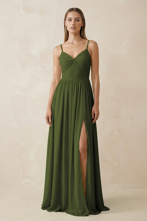 Spaghetti Strap Pleated A - Line Chiffon Bridesmaid Dress in Olive - KissProm Bridesmaid Dresses