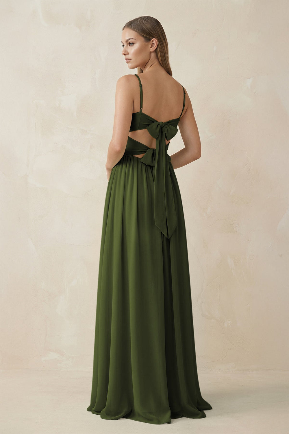 Spaghetti Strap Pleated A - Line Chiffon Bridesmaid Dress in Olive - KissProm Bridesmaid Dresses