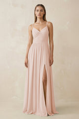 Spaghetti Strap Pleated A - Line Chiffon Bridesmaid Dress in Pale Blush - KissProm Bridesmaid Dresses
