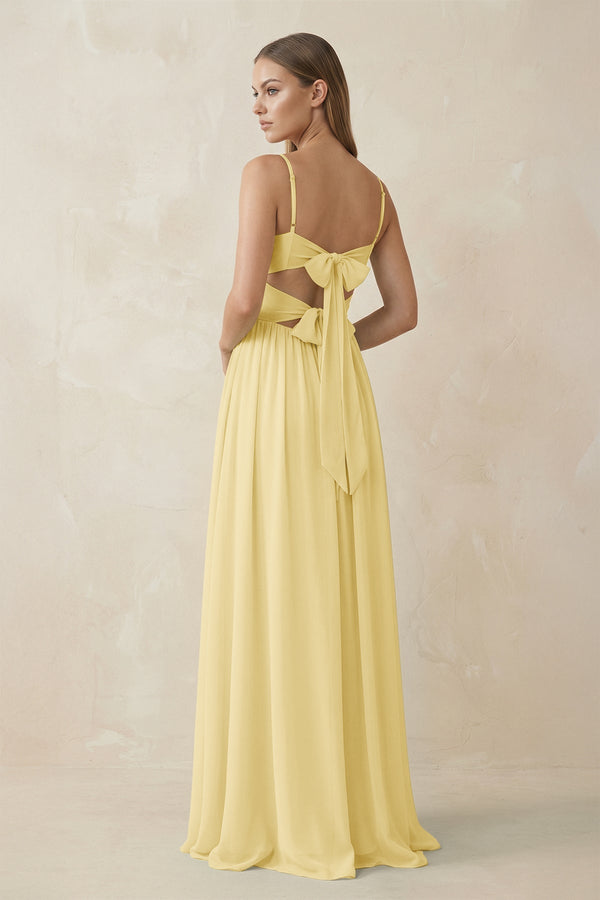 Spaghetti Strap Pleated A - Line Chiffon Bridesmaid Dress in Pastel Yellow - KissProm Bridesmaid Dresses