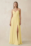 Spaghetti Strap Pleated A - Line Chiffon Bridesmaid Dress in Pastel Yellow - KissProm Bridesmaid Dresses