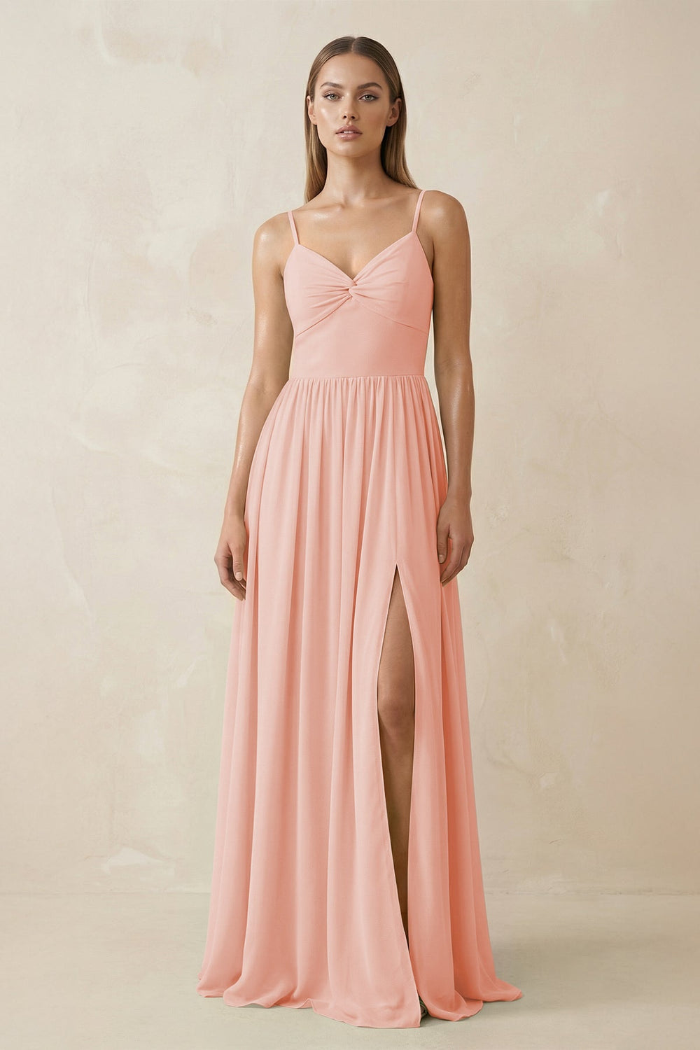 Spaghetti Strap Pleated A - Line Chiffon Bridesmaid Dress in Rose Petal - KissProm Bridesmaid Dresses