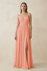 Spaghetti Strap Pleated A - Line Chiffon Bridesmaid Dress in Rosette - KissProm Bridesmaid Dresses