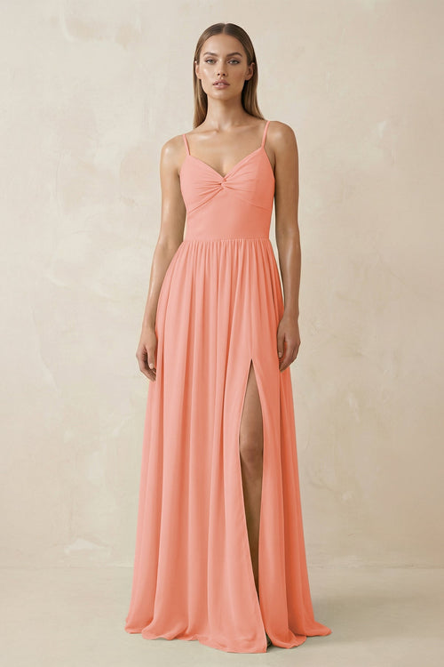Spaghetti Strap Pleated A - Line Chiffon Bridesmaid Dress in Rosette - KissProm Bridesmaid Dresses