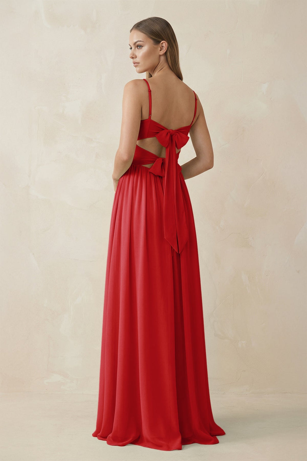 Spaghetti Strap Pleated A - Line Chiffon Bridesmaid Dress in Ruby Red - KissProm Bridesmaid Dresses