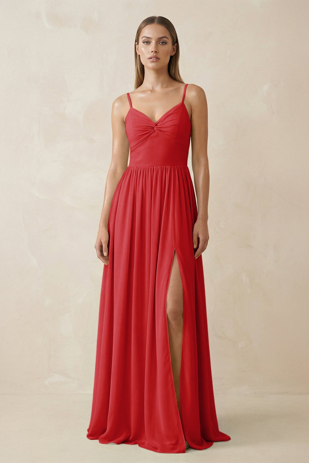 Spaghetti Strap Pleated A - Line Chiffon Bridesmaid Dress in Ruby Red - KissProm Bridesmaid Dresses