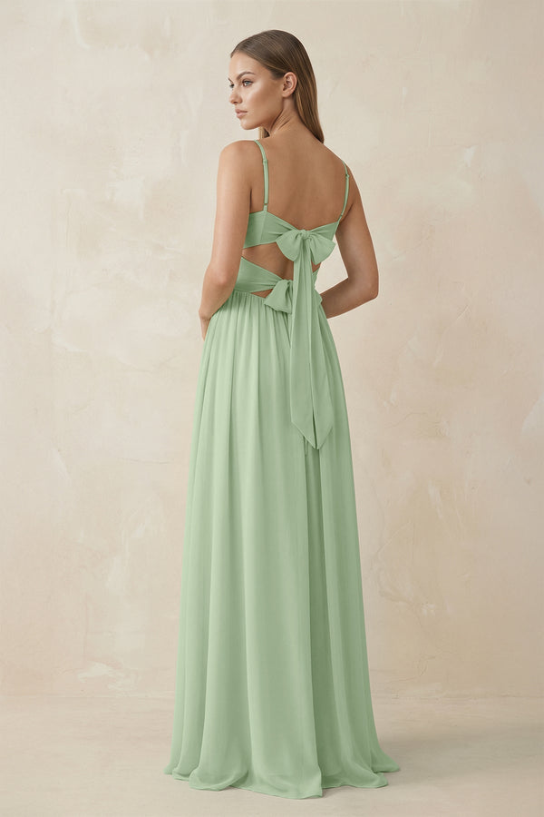 Spaghetti Strap Pleated A - Line Chiffon Bridesmaid Dress in Sage - KissProm Bridesmaid Dresses