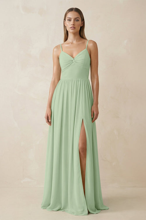 Spaghetti Strap Pleated A - Line Chiffon Bridesmaid Dress in Sage - KissProm Bridesmaid Dresses