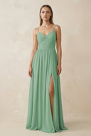 Spaghetti Strap Pleated A - Line Chiffon Bridesmaid Dress in Sea Glass - KissProm Bridesmaid Dresses