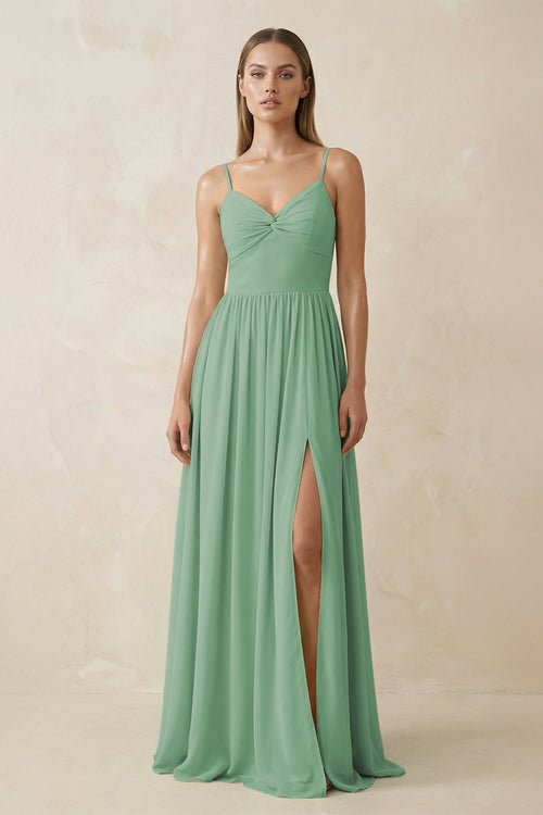 Spaghetti Strap Pleated A - Line Chiffon Bridesmaid Dress in Sea Glass - KissProm Bridesmaid Dresses