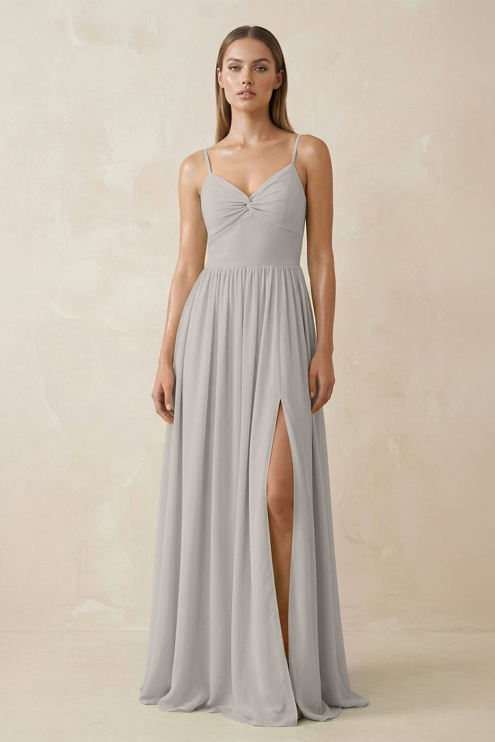 Spaghetti Strap Pleated A - Line Chiffon Bridesmaid Dress in Silver - KissProm Bridesmaid Dresses
