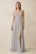Spaghetti Strap Pleated A - Line Chiffon Bridesmaid Dress in Silver - KissProm Bridesmaid Dresses