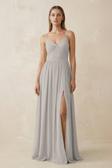 Spaghetti Strap Pleated A - Line Chiffon Bridesmaid Dress in Silver - KissProm Bridesmaid Dresses
