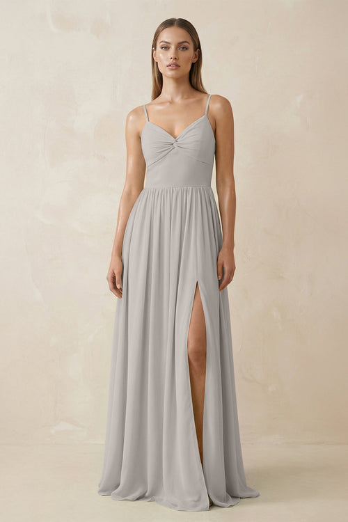 Spaghetti Strap Pleated A - Line Chiffon Bridesmaid Dress in Silver - KissProm Bridesmaid Dresses